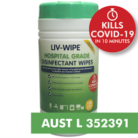 LIV-WIPE HOSP DISINFECTANT WIPES TGA 20X30CM 100/TUB