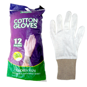 UNIV COTTON GLOVES INTERLOCK W/KNIT CUFF WOMEN MED 12 PRS/BG