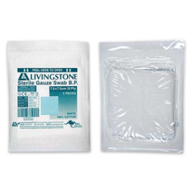 LIV GAUZE SWAB 7.5X7.5CM 8PLY COTTON STRL WHITE 5/PCK 500/CT