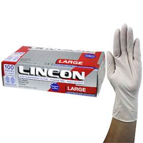 LINCON LATEX EXAM GLOVES AS/NZ PFREE LRG CREAM COLOUR 100/BX