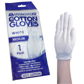 LIV COTTON GLOVES LATEX FREE MEDIUM WHITE, RETAIL PACK, PAIR