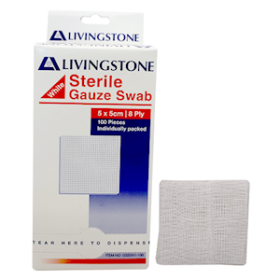 LIV GAUZE SWAB 5X5CM 8PLY COTTON STERILE WHITE 1/PCK 100/BOX