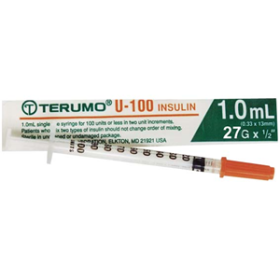 TERUMO INSULIN SYRINGES 1ML W/ NEEDLE 27GX0.5IN 13MM 100/BOX