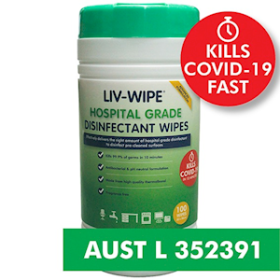 LIV-WIPE HOSPITAL DISINFECTANT WIPES TGA, 20X30CM, 100/TUB