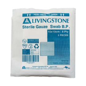 LIV GAUZE SWAB 10X10CM 8PLY COTTON STERILE WHITE 5/PK 500/CT